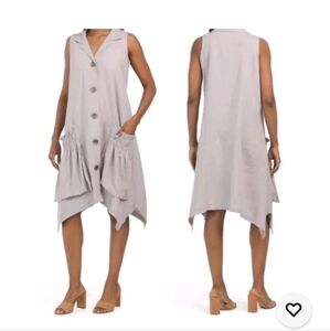 For Cynthia Linen-Blend Sark Bite Hem Shirt Dress Size L Patch Rushed Pockets